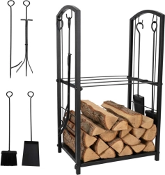 kovinsko stojalo za kaminovo drva z orodjem in policami