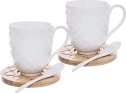 Porcelanaste skodelice WHITELINE 370 ml, komplet 2 kosov z bambusovimi podstavki in žličkami
