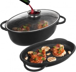 Granitni ovalni pekač set 3v1 z žar pokrovom in steklenim pokrovom, 10 l, 43 × 28 cm