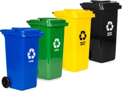 set 4 zunanjih košev za odpadke 4×120 l z gumijastimi kolesi – papir, steklo, plastika/kovina in mešani odpadki
