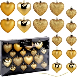Božični okraski srčka zlati, nezlomljivi, komplet 16 kosov (6,5 in 4,5 cm)
