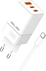 Omrežni polnilec 65W GaN 2x USB‑C + USB‑A s kablom USB‑C – Bela