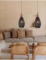 rustikalna viseča svetilka iz ratana 35 cm – črna