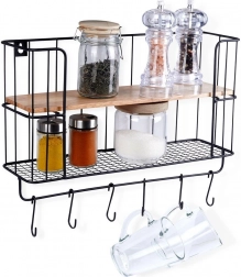 Kuhinjska stenska polica s kljukami 41 × 12 × 25,5 cm, kov in les