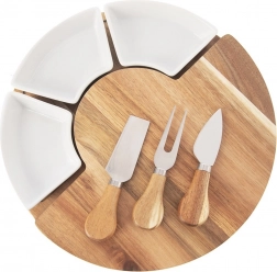 Vrtljiva akacijeva deska za serviranje sirov s 3 skledicami in 3 noži, 7-delni komplet