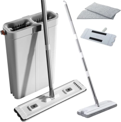 Komplet za čiščenje s ploščatim mopom in dvokomornim vedrom iz mikrovlaken