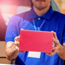 Rdeče kurirske plastične vrečke z izrezom za ročaj 500 × 600 + 70 mm, 50 kosov, potisk Thank You