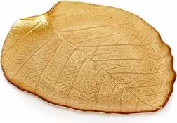 Steklen zlat krožnik v obliki lista 27,5 × 24 cm