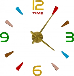 Stenske DIY nalepilne ure, 80–90 cm, zlate kazalke, barvne oznake, 4 številke
