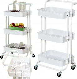 Premični tri-nadstropni kovinski regal z globokimi policami – bel