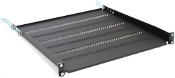Polica za 19" rack 1U, 483 × 450 mm, črna, perforirana z nastavitvijo in podporo