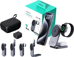 Magnetni brezžični polnilnik 3-v-1 AUKEY MagFusion, Qi2 15 W, siva