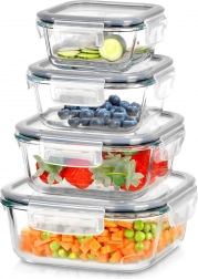 Steklene posode za živila s silikonskim tesnilom, kvadratne, set 4 kos