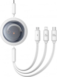 V izvlečni hitri polnilni kabel 3v1 BASEUS Free2Draw, USB‑C na USB‑C/Lightning/Micro, 100 W, 1,1 m, bel