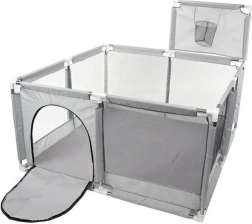 Otroška ograjica 130 × 130 cm s suhim bazenčkom in košem – siva