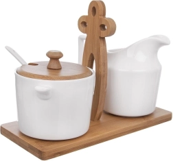 Porcelanasta posodica za sladkor in vrček za mleko WHITELINE na bambusnem stojalu 2× 280 ml, 3-delni set
