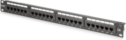 Patch panel 19" 24× RJ45 Cat 6, neoklopljen, 1U, LSA, vodenje kablov, opisna polja, črn