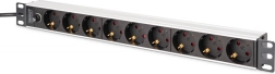 PDU power strip for 19" rack with fuse, 9x Schuko (45°), 2 m cable with IEC C14, 10 A, aluminum