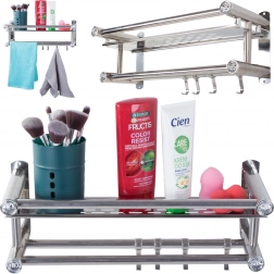 Kopalniška viseča polica s kljukami in dvojno palico za brisače, aluminij, srebrna