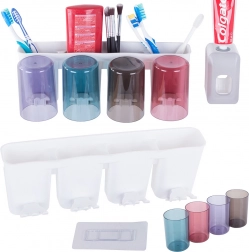 Stenski organizator za zobne ščetke z dozirnikom paste in 4 kozarčki