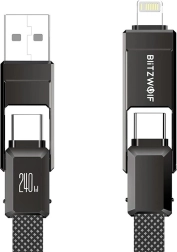 BlitzWolf 4-v-1 polnilni in podatkovni kabel USB‑A/USB‑C/Lightning 240 W 1,2 m črn