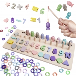 Lesena izobraževalna igra 2 v 1: sortirnik oblik, računalo in magnetne ribice