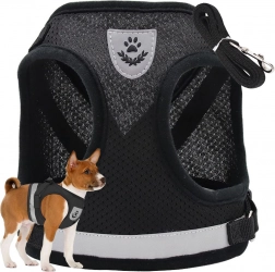 Oprsnica brez pritiska za pse, mačke in kunce XS – črna, odsevna, s povodcem