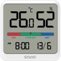 Digitalni termometer in higrometer SAVIO z LCD, uro in datumom, z magnetnim držalom – Bela