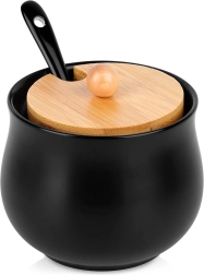 Keramična črna posodica za sladkor z bambusovim pokrovom in žličko 250 ml