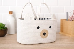 Bel tekstilni koš za igrače v obliki medvedka z ročaji 35 × 25 × 21 cm