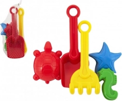 Plastični komplet za pesek z lopatko, grabljicami in modelčki v mrežasti vrečki