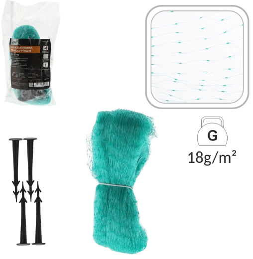 Zaščitna mreža proti pticam 2 × 10 m, 5 g/m², zelena + 6 pritrdilnih zatičev