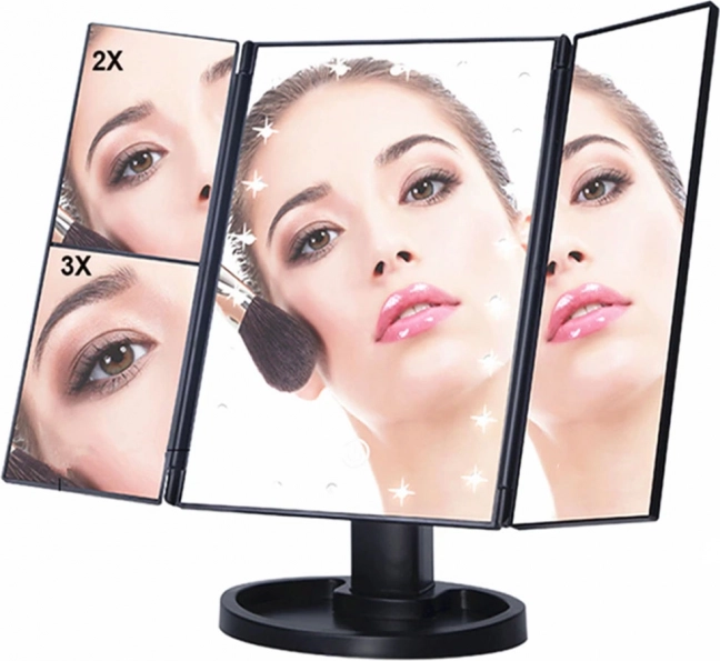 LED kozmetično ogledalo z osvetlitvijo, 22 LED, 2x in 3x povečava, črno
