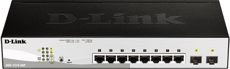 D-Link DGS‑1210‑08P gigabitni PoE pametno stikalo 8× RJ‑45 in 2× SFP