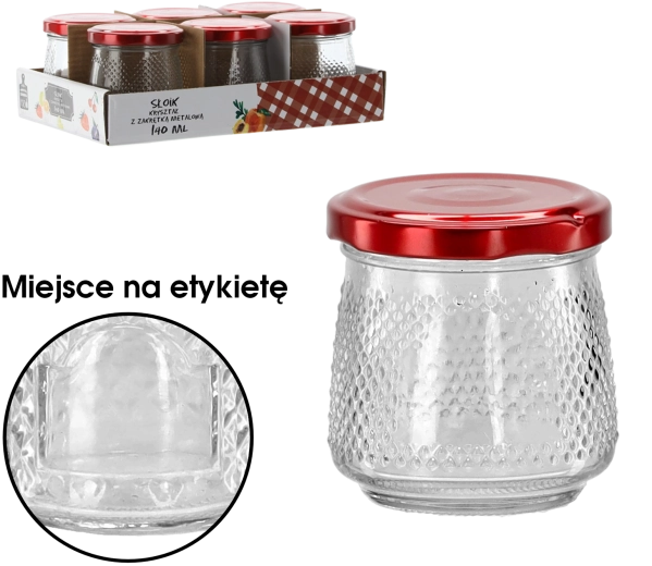 Steklen kozarec 140 ml z rdečim kovinskim pokrovčkom