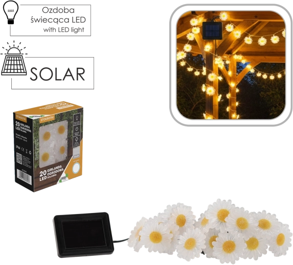 Sončna vrtna girlanda marjetice 20 LED, toplo bela, 2 + 3,8 m