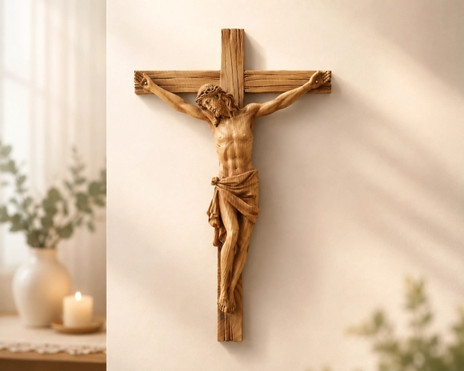 Wall-Mounted Cross with Jesus Figure 24 × 6.5 × 36 cm