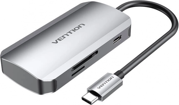 USB‑C priklopna postaja 3× USB 3.0 s čitalnikom SD/TF in napajanjem PD 100 W Vention, siva