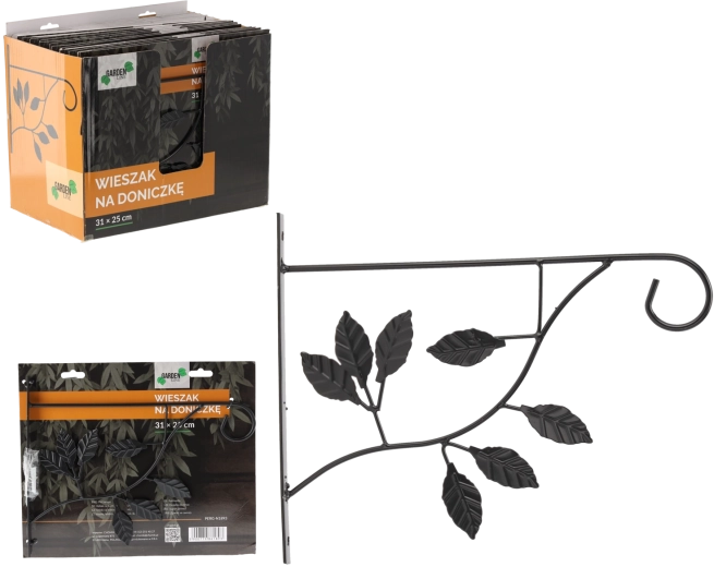 Stenski viseči nosilec za lončnice 31 × 25 cm – črn, motiv listov