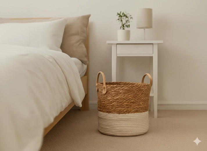 Pleteni shranjevalni koš iz morske trave z resicami, 28 × 26 cm