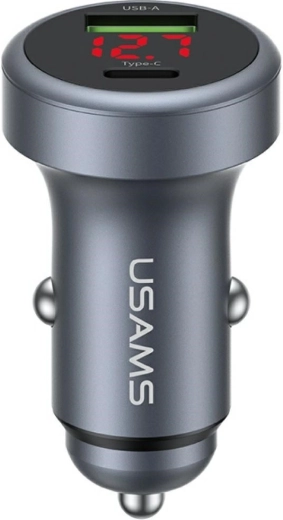 USAMS aluminijasti avtomobilski polnilnik 45 W USB-A + USB-C z LED