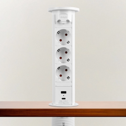Motorized retractable power strip for desk, white