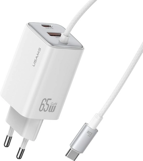 Usams JC Series 65 W GaN omrežni polnilnik z integriranim USB‑C kablom (2× USB‑C, 1× USB‑A), bel