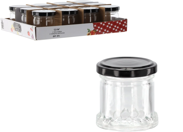 Steklena posodica 60 ml z reliefom in črnim kovinskim pokrovčkom