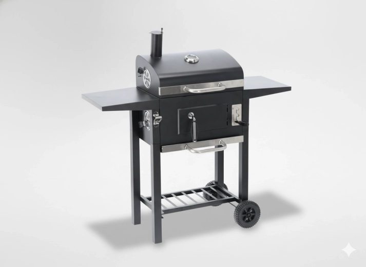 Vrtni ogleni žar Inferno s pokrovom, termometrom in kolesi