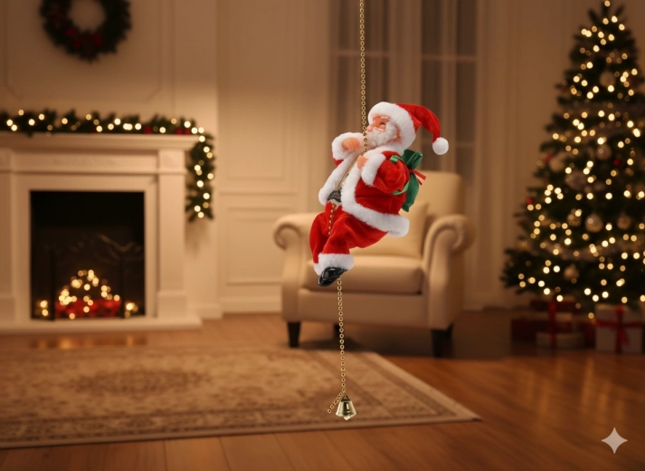 Božični plezajoči Božiček na zlati verigi z zvončkom, 20,5 cm