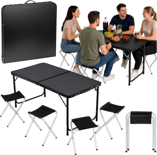 Zložljiv kamping set: miza in 4 stolčki v kovčku, črn