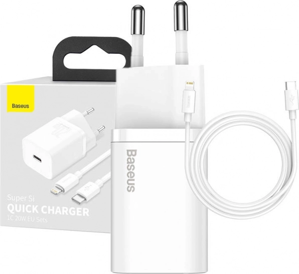 Polnilec BASEUS Super Si 20W 1× USB‑C + kabel USB‑C na Lightning 1 m (bel)
