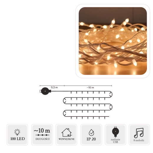 LED veriga z melodijo USB, 100 lučk, multicolor, 10 m