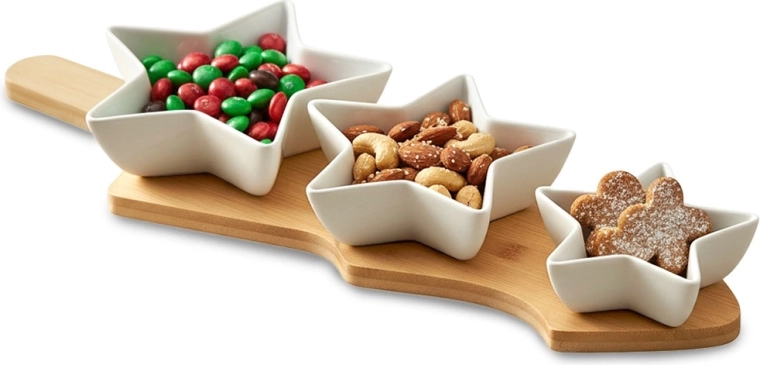 Porcelanaste skledice za prigrizke na bambusnem pladnju, 4-delni komplet